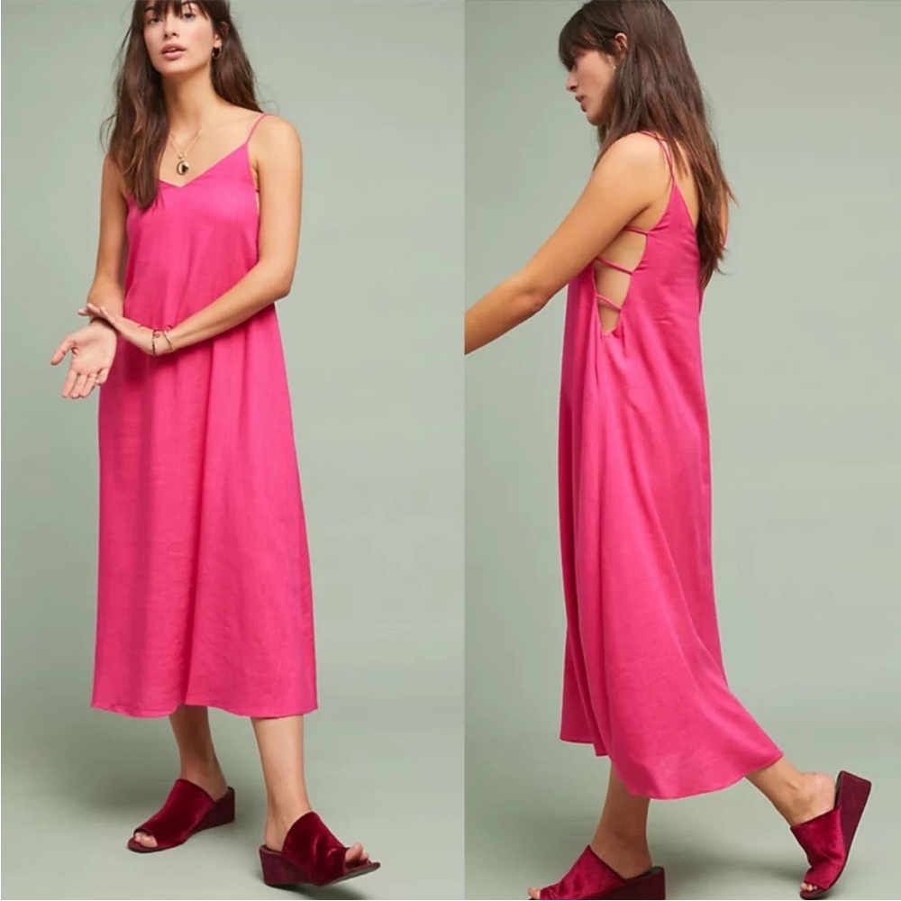 Anthropologie Moon River Valentina Magenta Linen Blend Slip Dress Medium NWT
